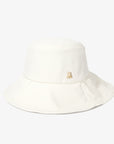 White bucket hat with a small logo on a white background