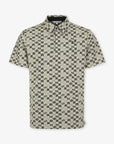 Short-sleeve shirt with geometric pattern on a white background