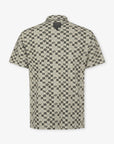 Short-sleeve beige shirt with a geometric pattern on a white background