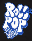 Embroidered patch with 'Roll & Pop Hole Cat' text on a black background