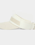 White visor cap with a strap on a light gray background