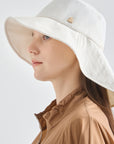 Woman wearing a white wide-brimmed hat and brown jacket on a light gray background