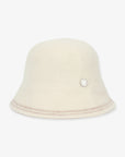 Beige bucket hat with a brand logo on a white background