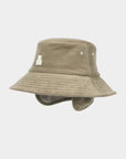 Beige bucket hat with ear flaps on a light gray background