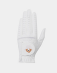 White golf glove with perforated fingers and Golden Bear logo patch on wrist