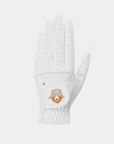 White golf glove with perforated fingers and GB bear logo patch on wrist closure