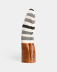 Fairway wood head cover with geometric pattern and brown leather base on a white background