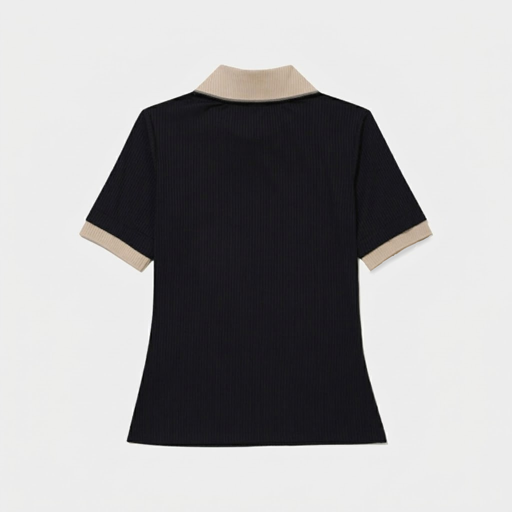 A short-sleeve ribbed knit polo shirt shown from the back, featuring a dark navy body with contrasting beige collar and sleeve cuff trim, set against a plain light gray background.