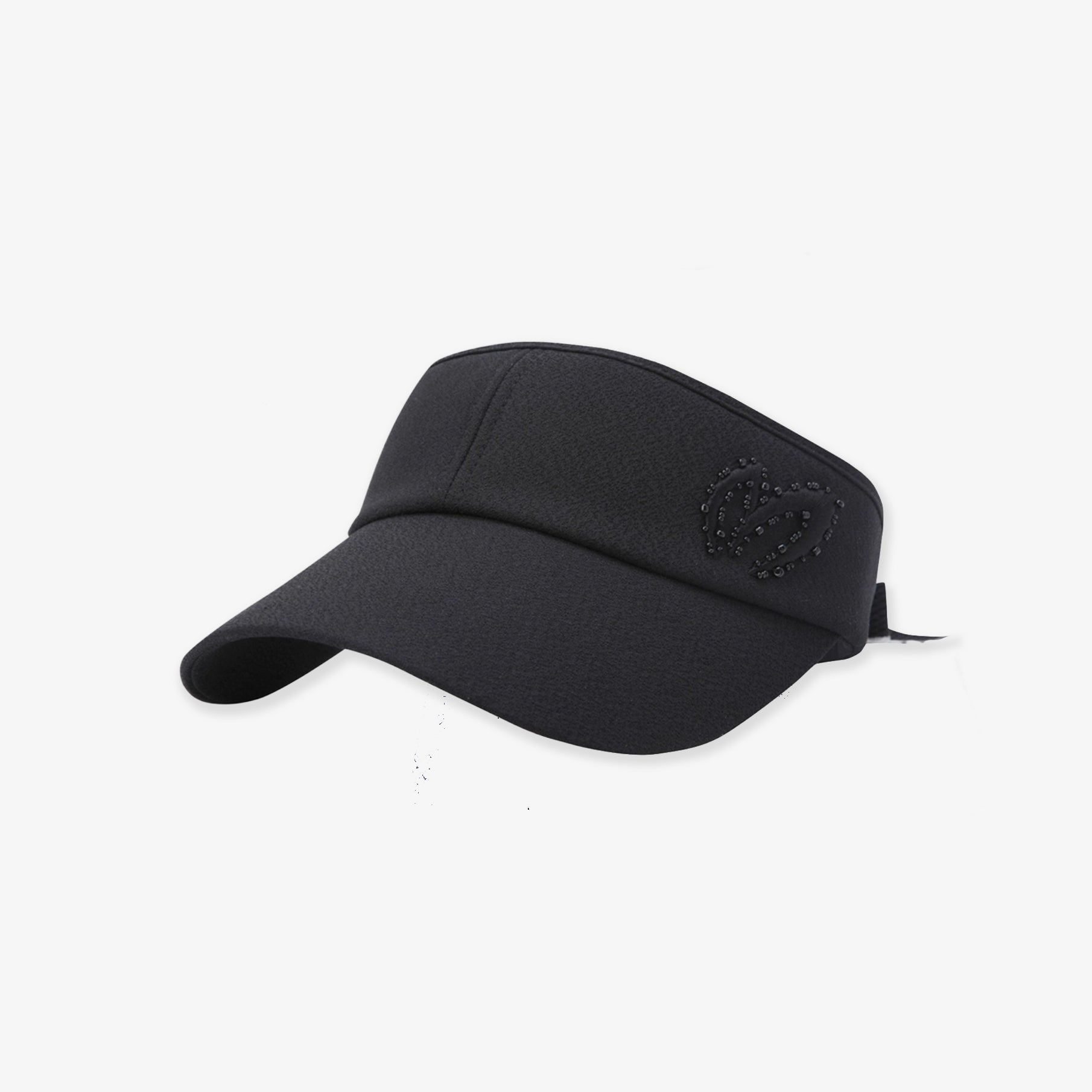 Black visor cap with a logo on a white background