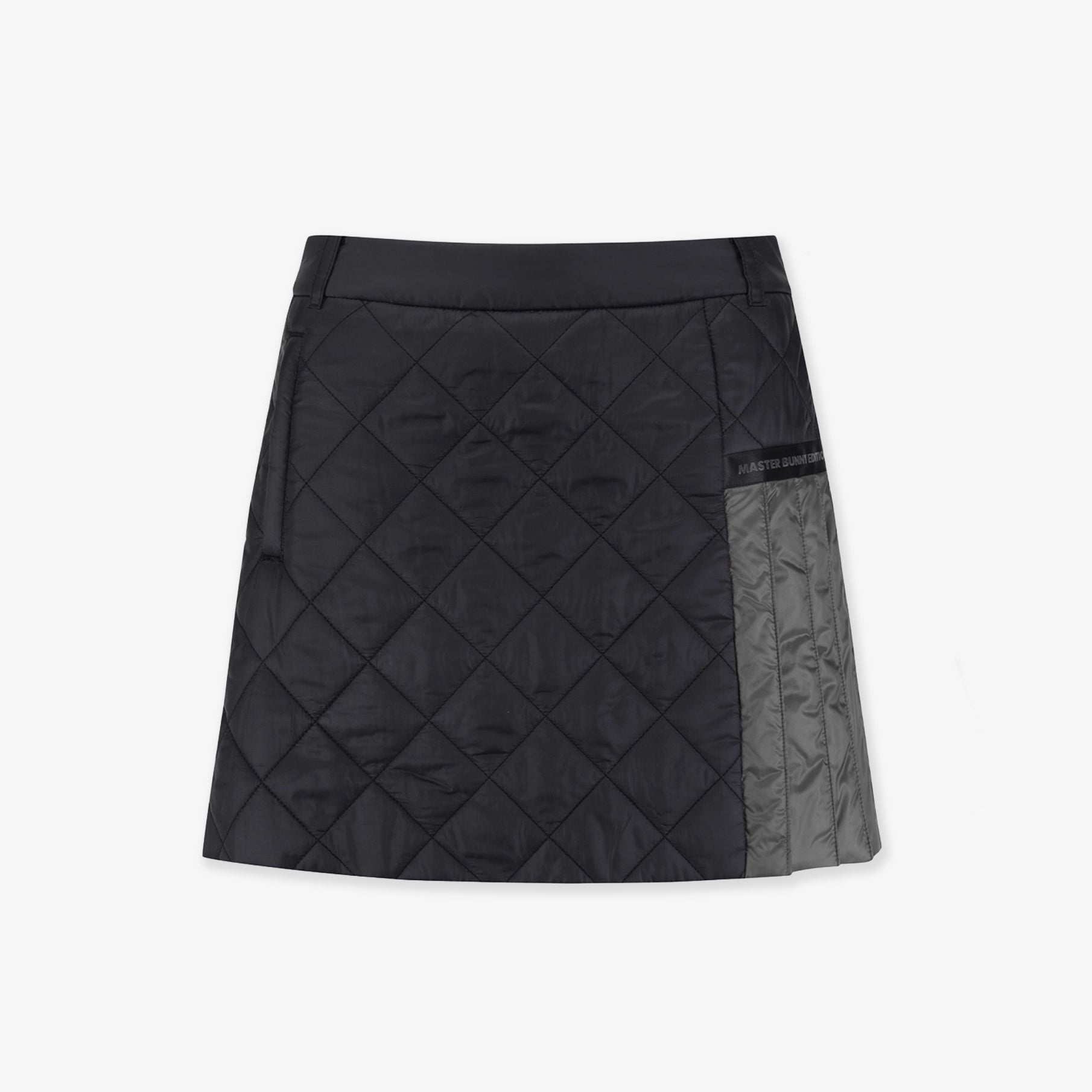 Black quilted skirt with gray accents on a white background