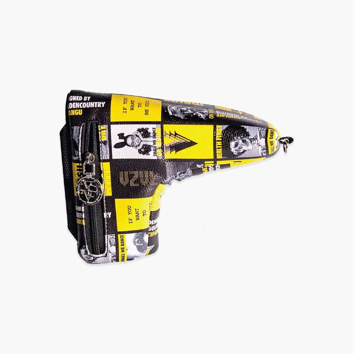 A black and yellow patterned head cover with a zippered pocket and metal key ring, shown on a plain white background.