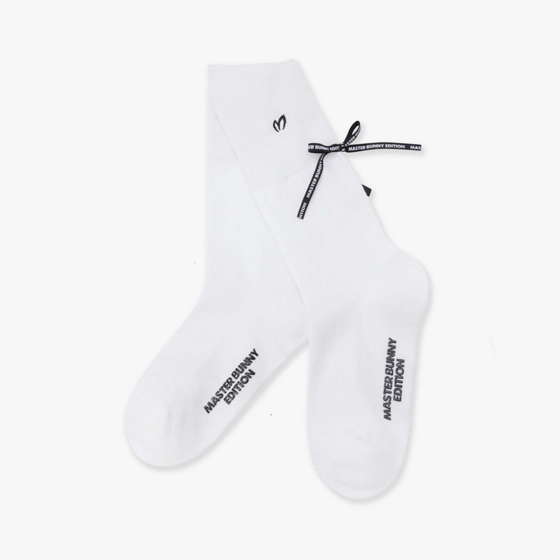 White socks with black text on a white background