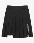 Pleated skirt with an unbalanced hemline, featuring a hook and zipper closure at the waistline and includes underpants for added comfort.