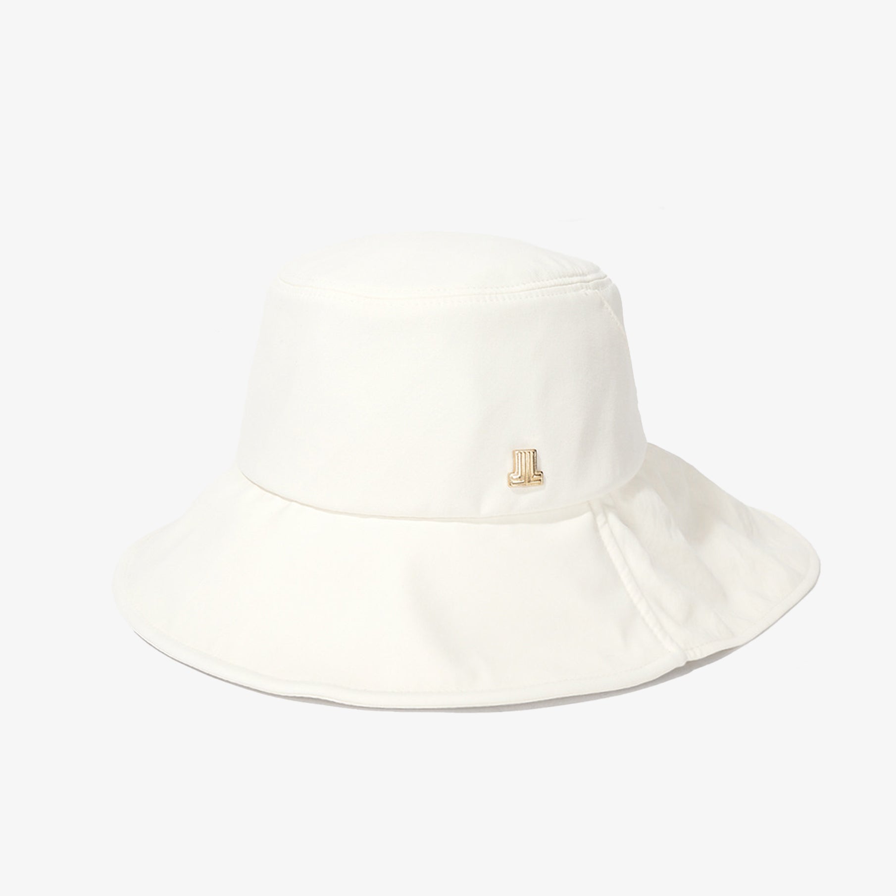White bucket hat with a small logo on a white background