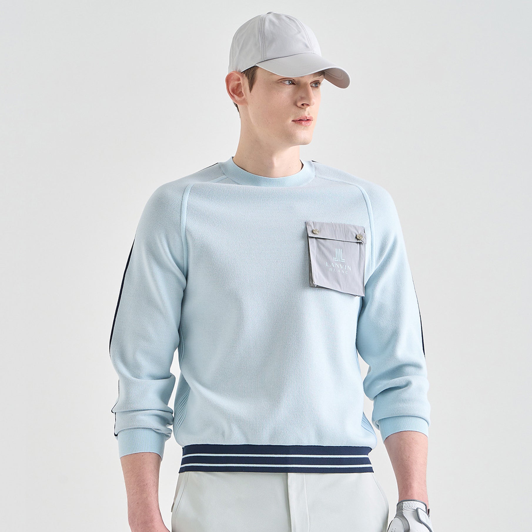 Lanvin Men's Flap Pocket Round Neck Knit Top-Light Blue