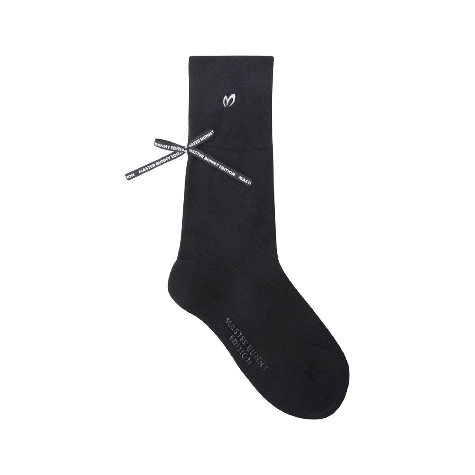 Black sock with white branding on a white background
