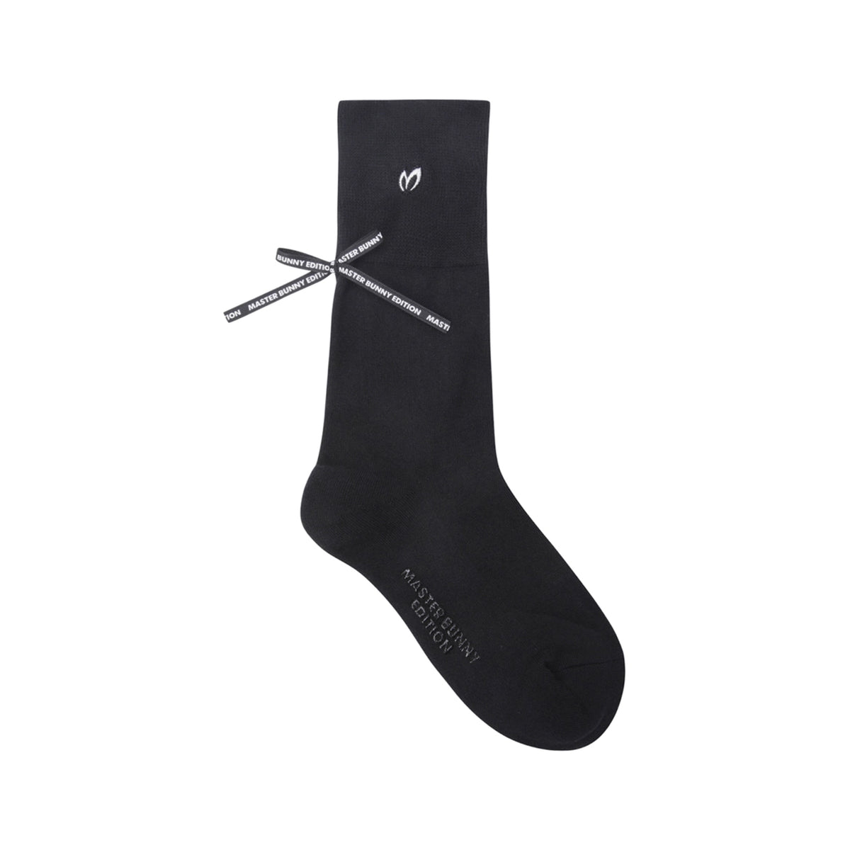 Black sock with white branding on a white background
