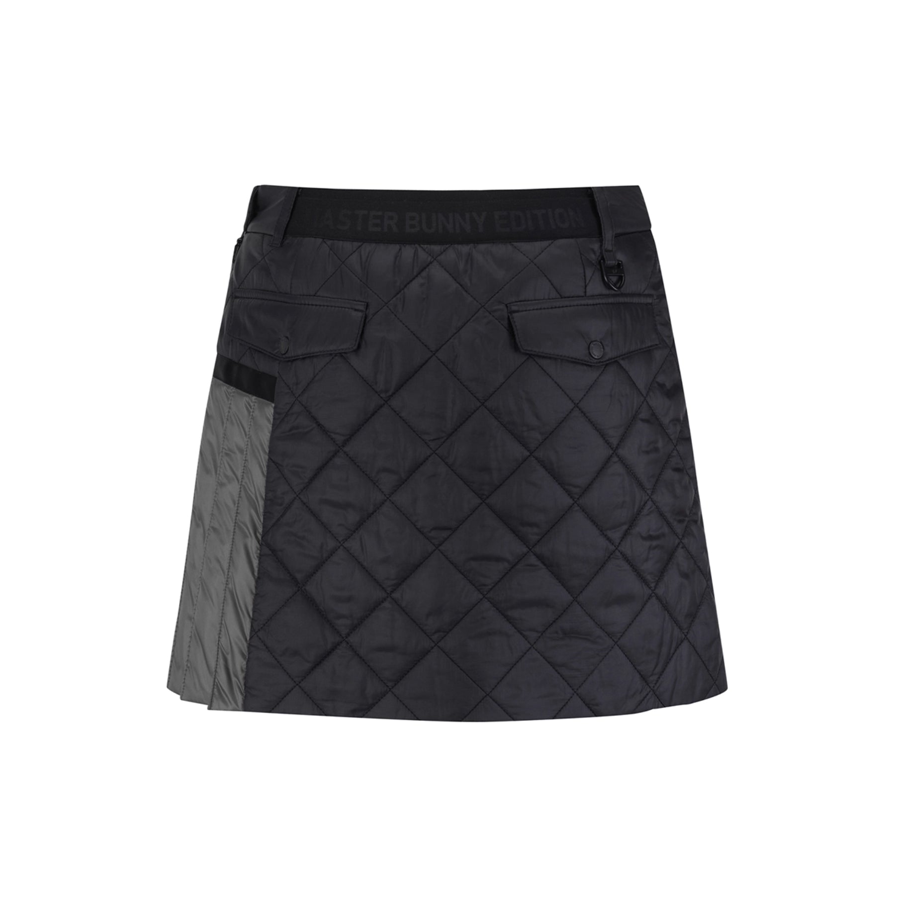 Black quilted skirt with a pattern on a white background