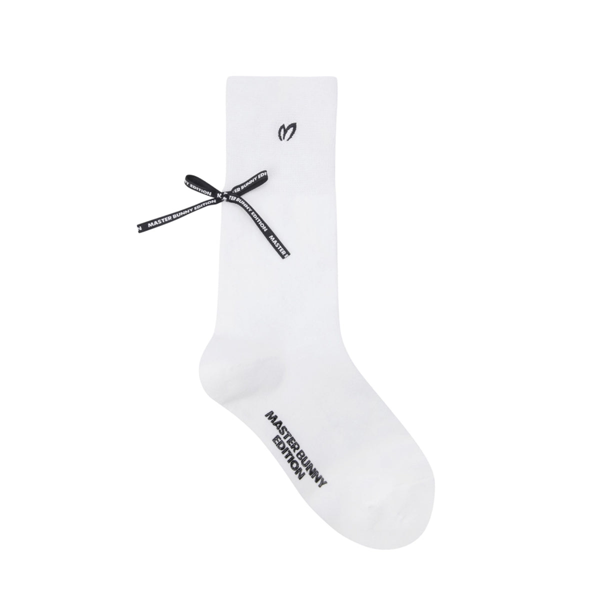 White sock with black logo and text on a white background