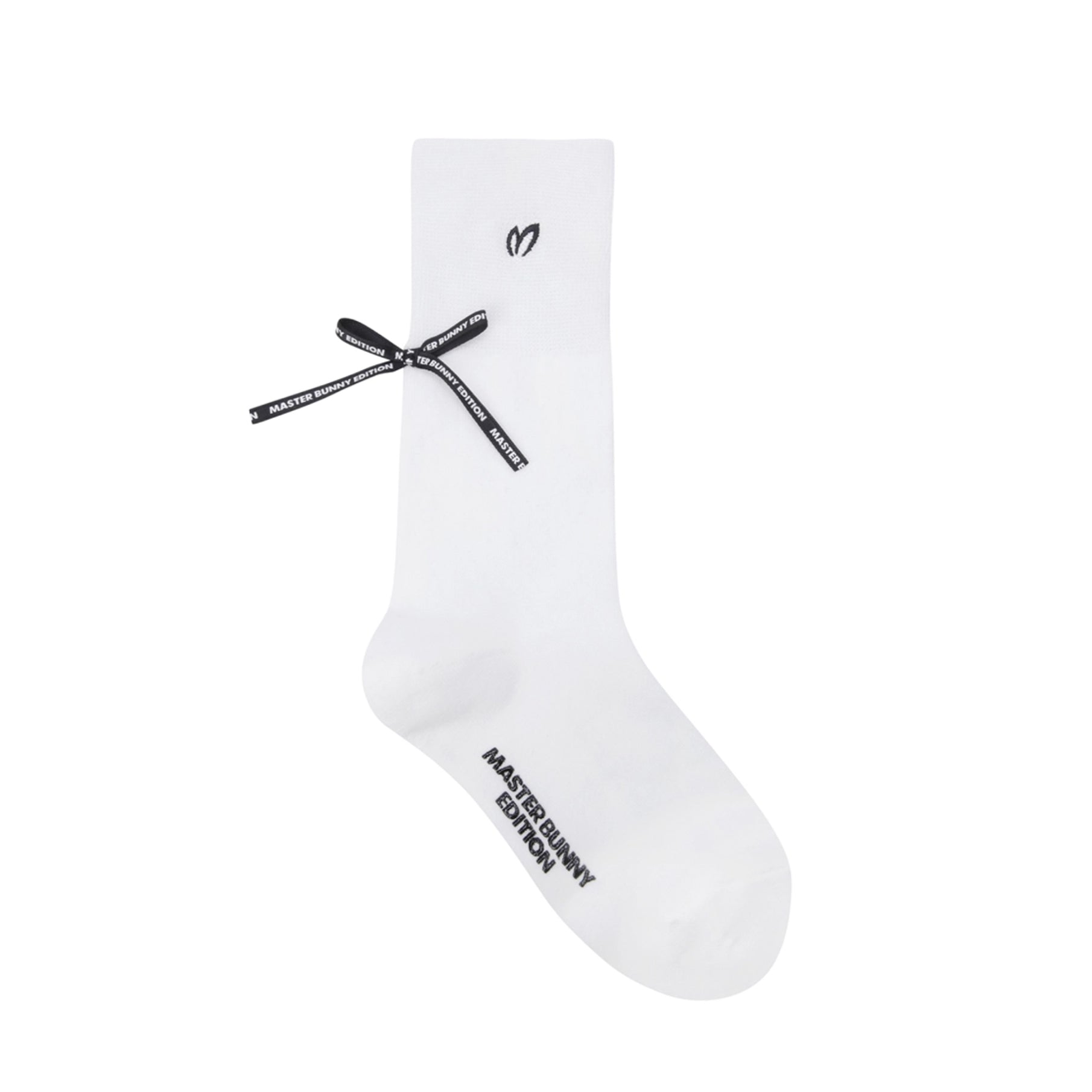 White sock with black logo and text on a white background