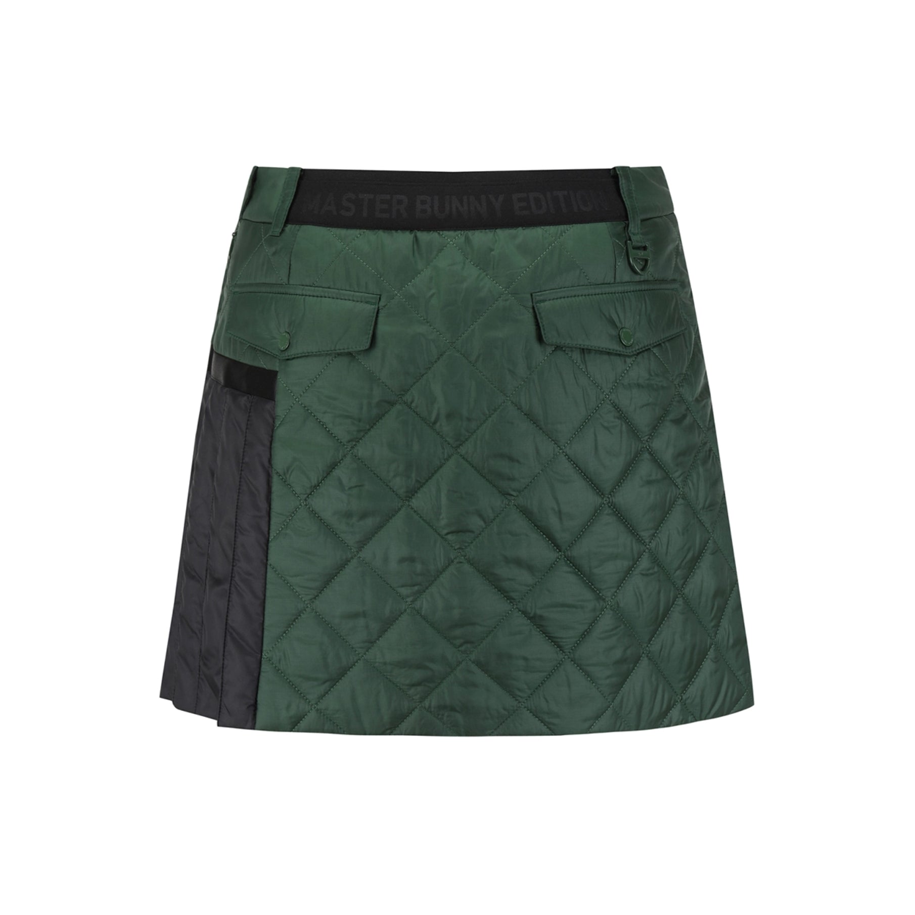 Green quilted skirt with black accents on a white background