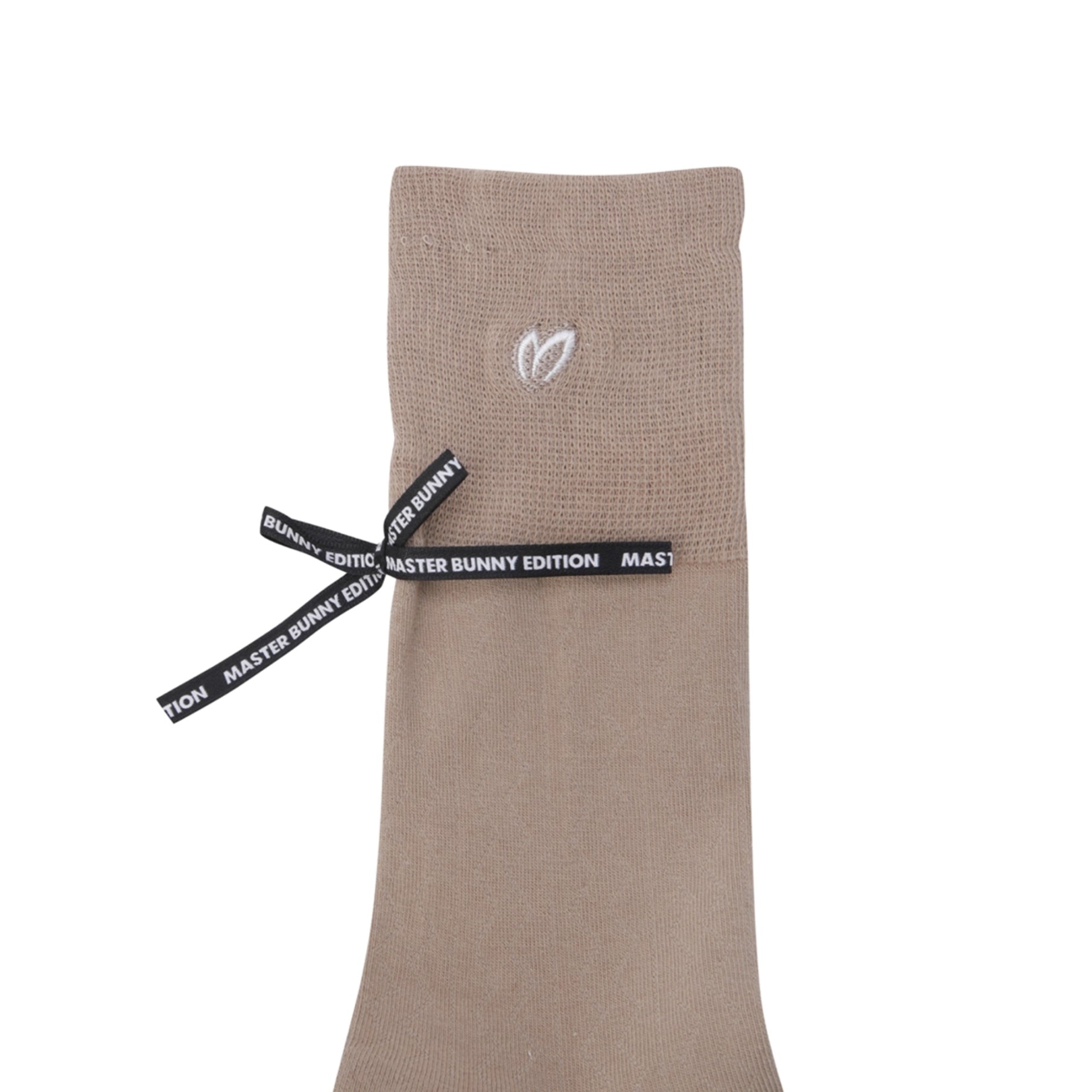 Beige sock with a logo and text on a white background