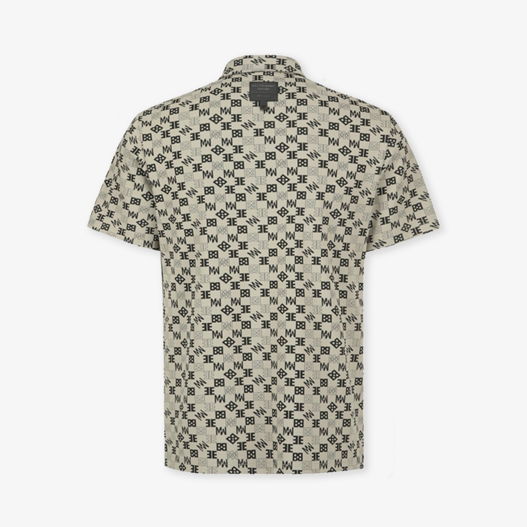 Short-sleeve beige shirt with a geometric pattern on a white background