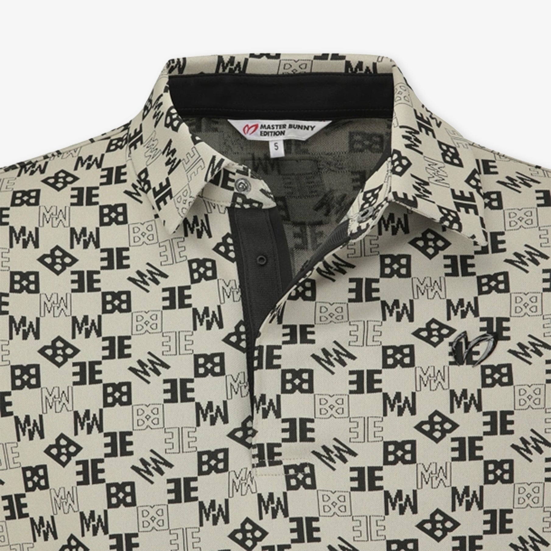 Patterned beige shirt with a brand label on a white background