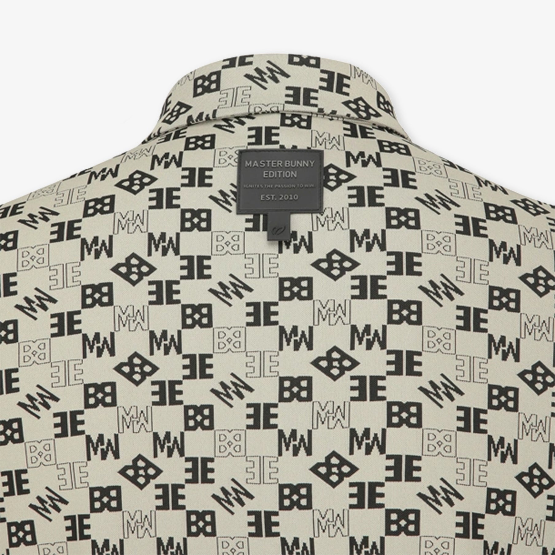 Patterned beige shirt with brand logo and text on a white background
