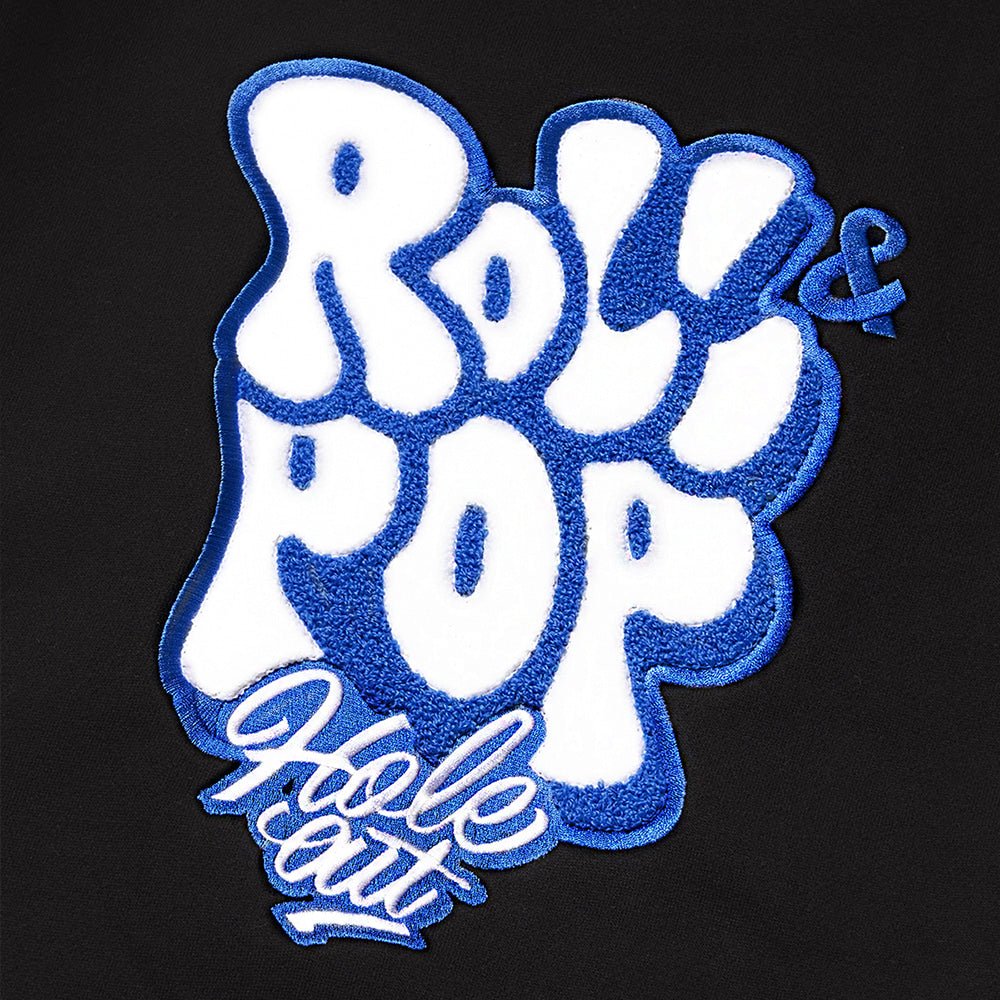 Embroidered patch with &#39;Roll &amp; Pop Hole Cat&#39; text on a black background