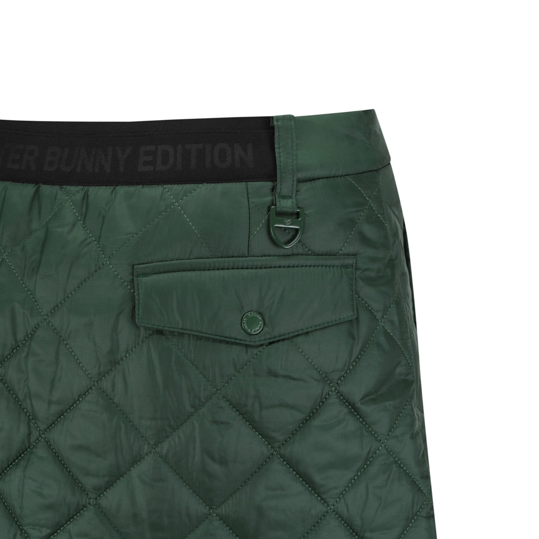 Green quilted pants with a pocket and 'Winter Bunny Edition' waistband on a white background