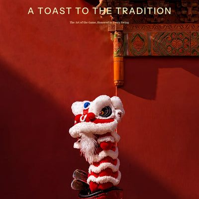 Book cover for 'A Toast to the Tradition' by Erthe, featuring a traditional Chinese lion dance head and red wall background.