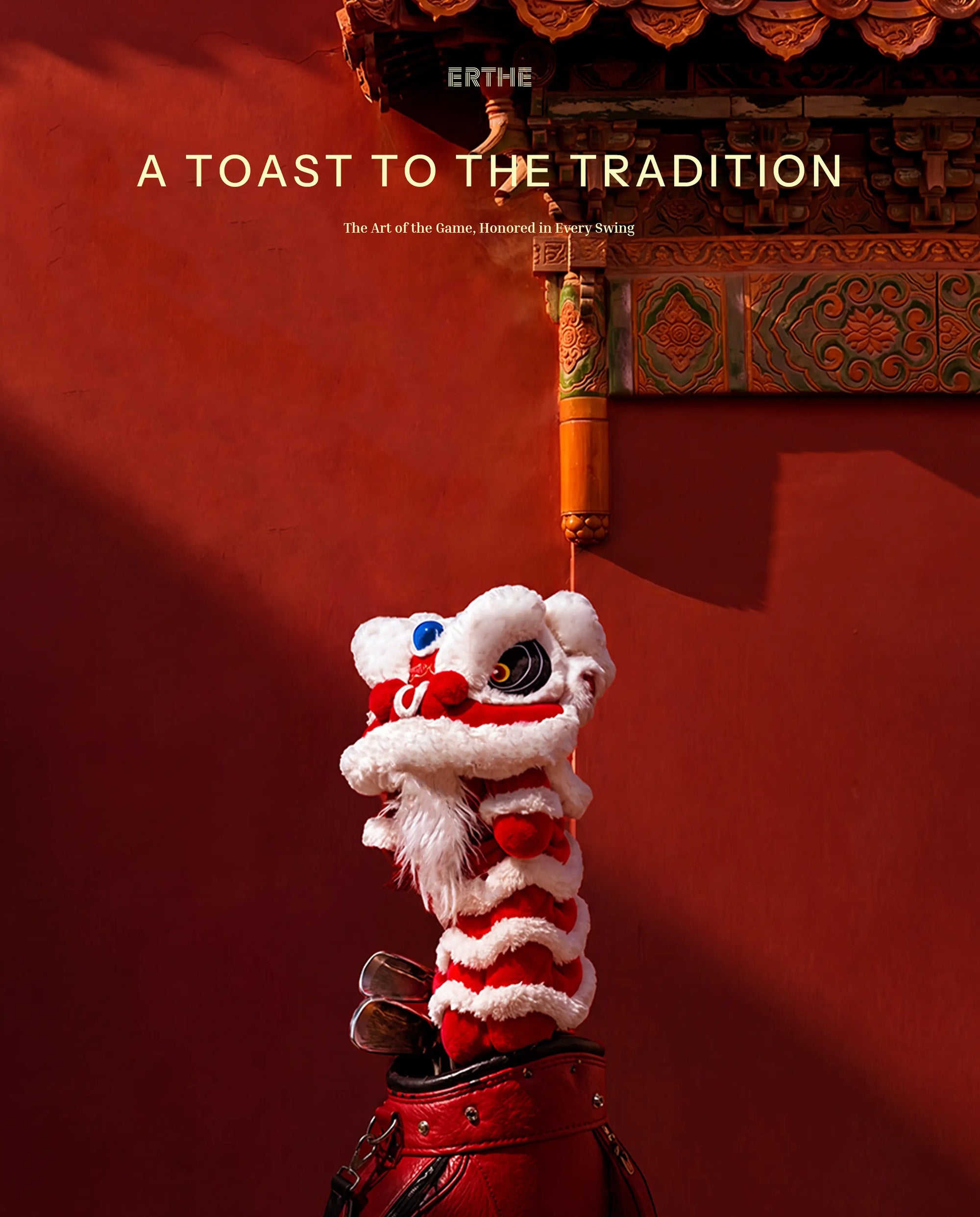 Book cover for 'A Toast to the Tradition' by Erthe, featuring a traditional Chinese lion dance head and red wall background.