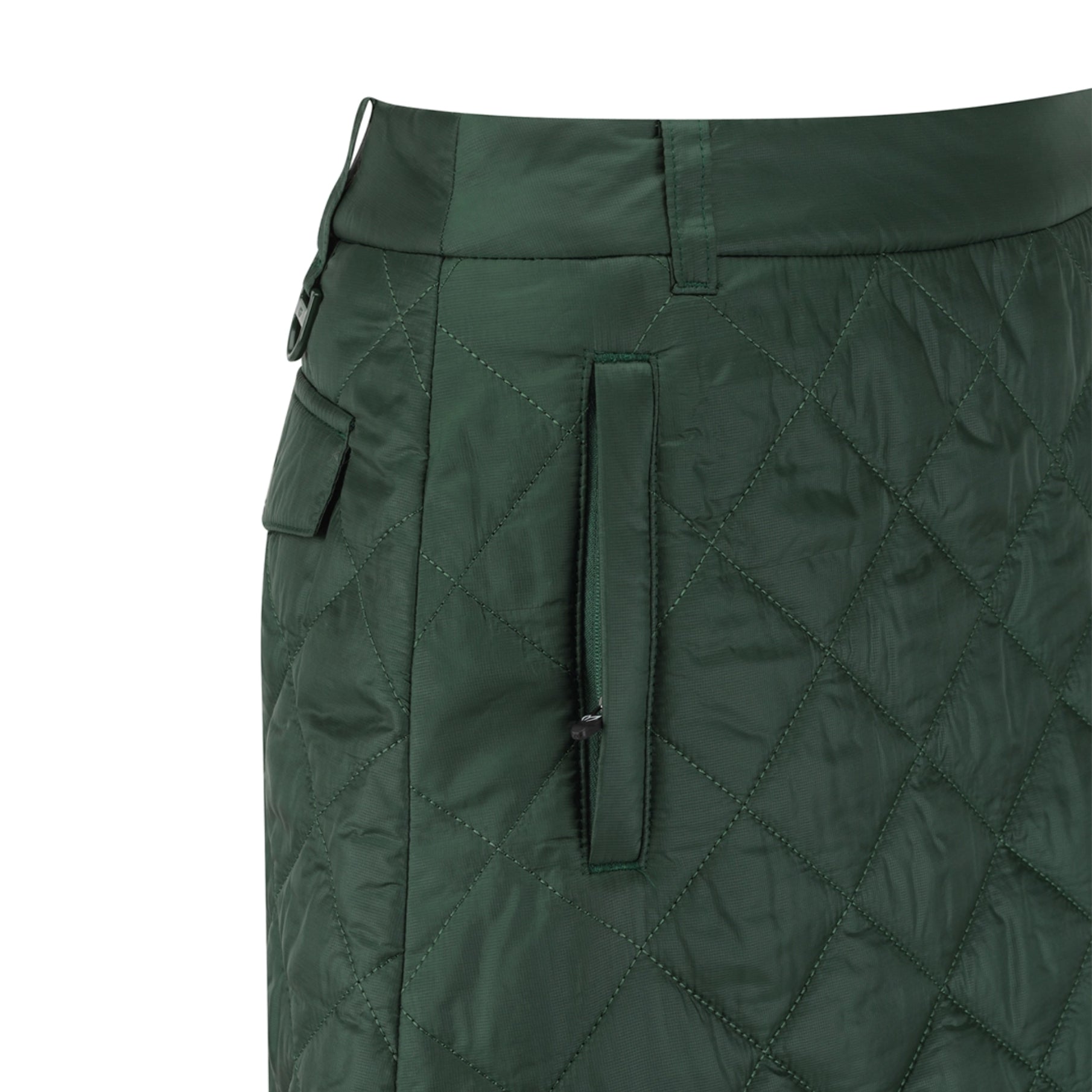Green quilted skirt with diamond pattern on a white background