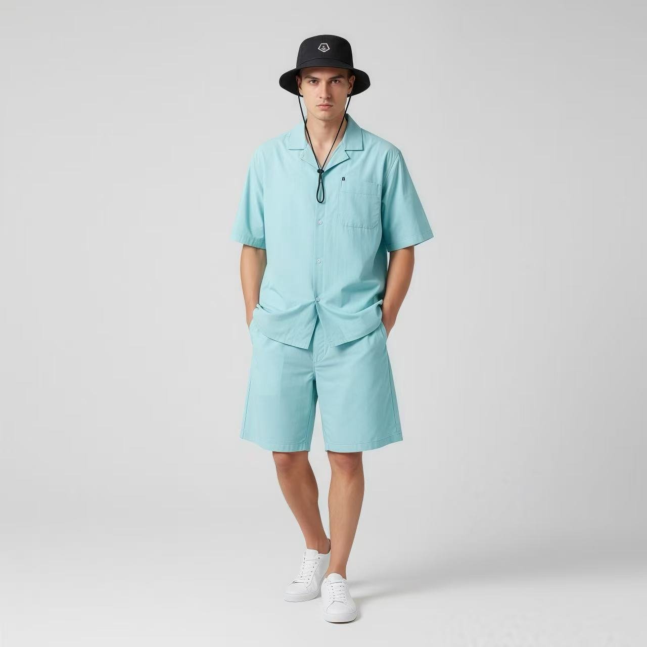 Person wearing a light blue outfit with a matching hat on a plain background