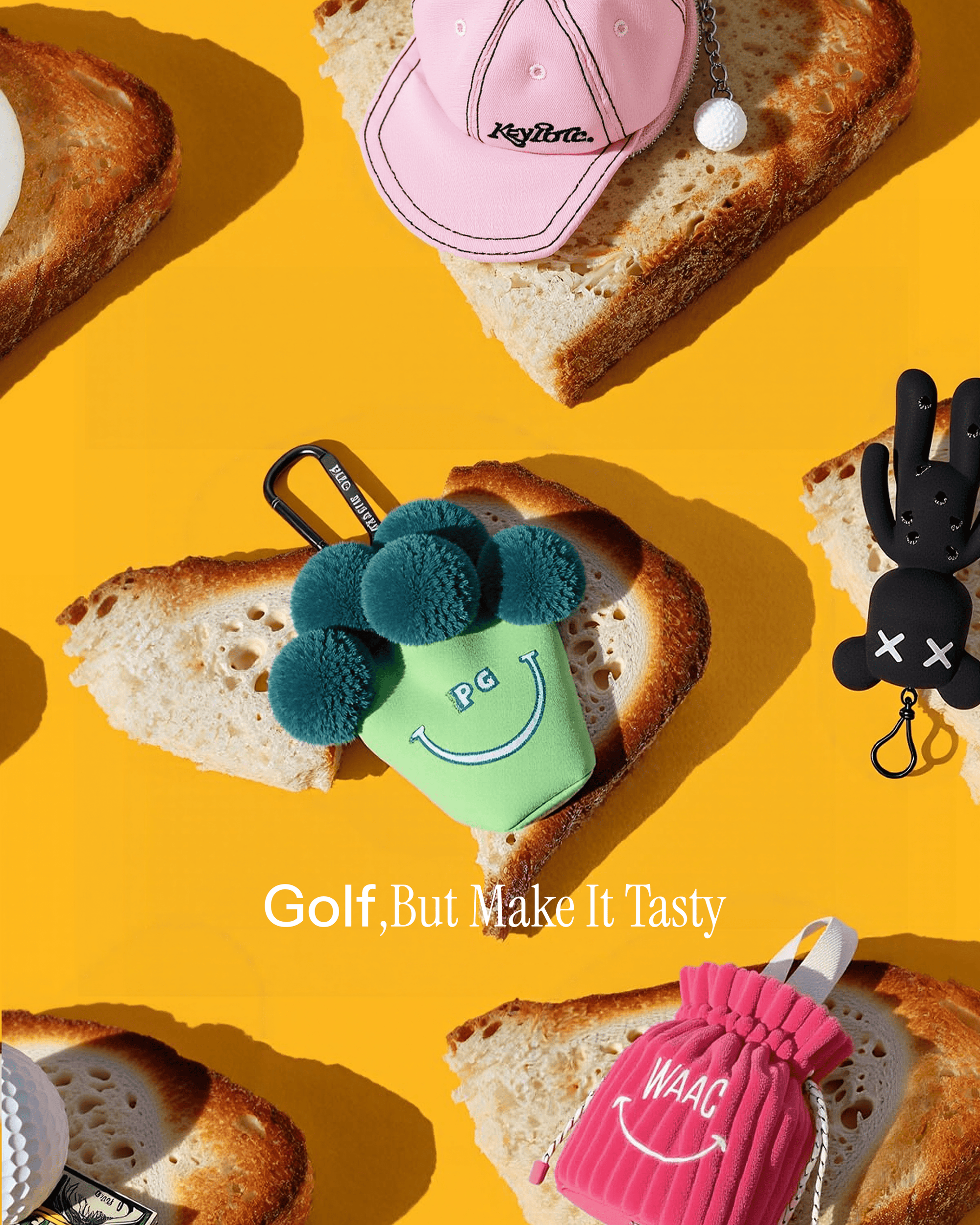 Ball poaches on slices of bread with a yellow background and text 'Golf, But Make It Tasty'.