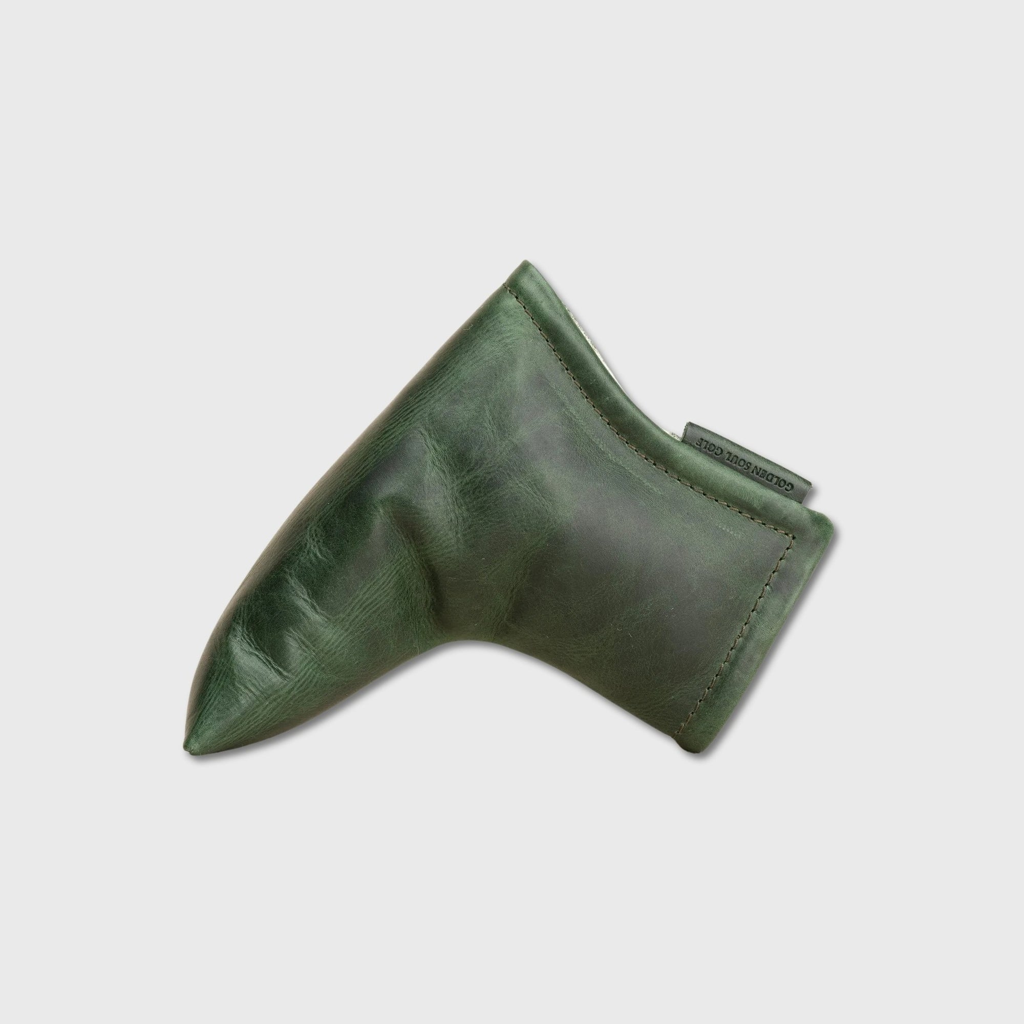 An olive green leather golf club headcover, specifically shaped for a driver, shown on a light gray background.