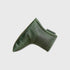 An olive green leather golf club headcover, specifically shaped for a driver, shown on a light gray background.