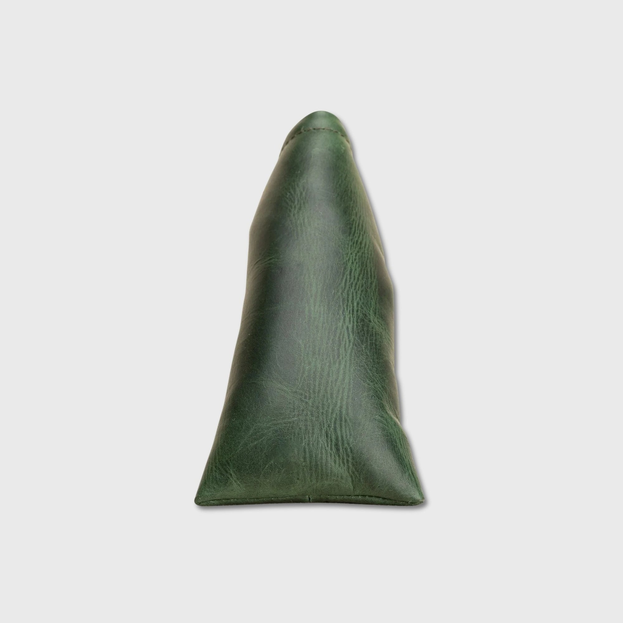 A dark green textured leather or faux-leather blade putter cover, centered on a light gray background.