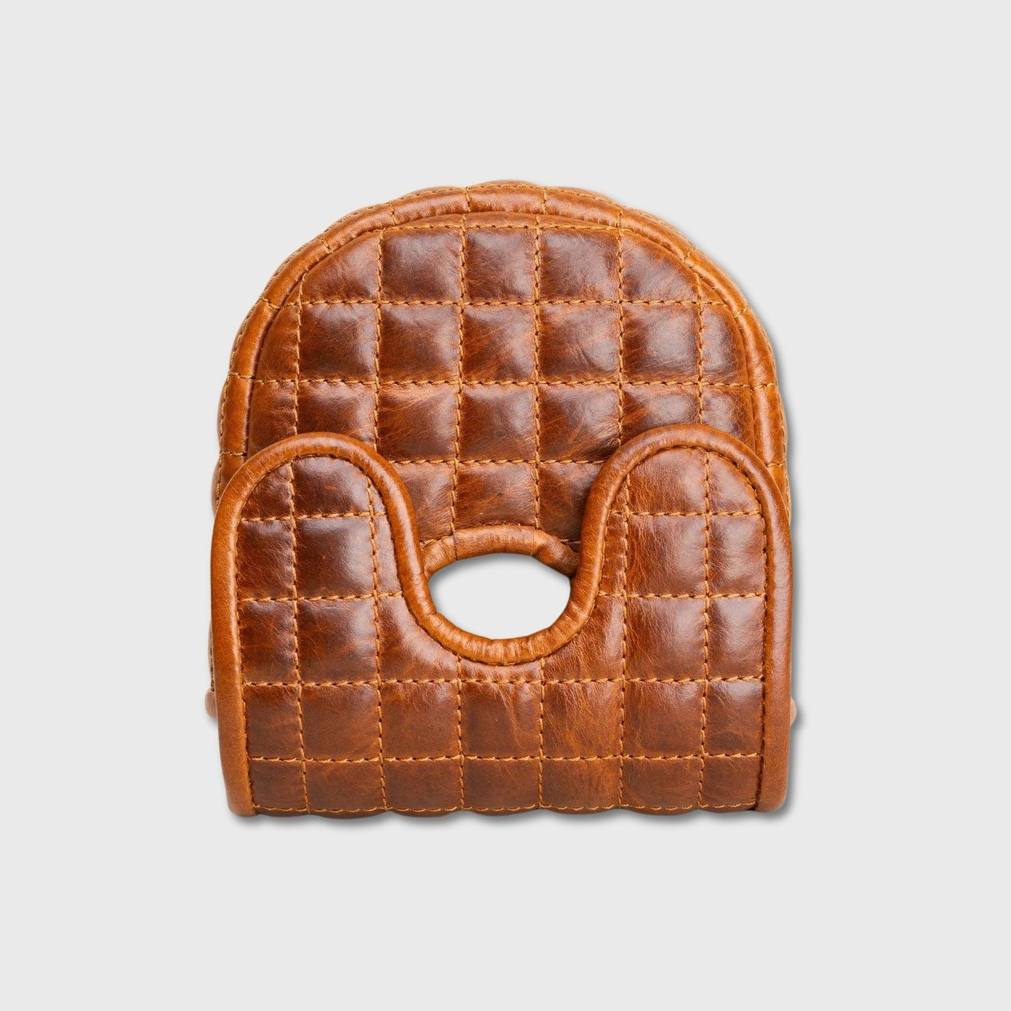 A brown quilted leather or faux-leather DF3 putter cover with a central cutout, shown on a light gray background.