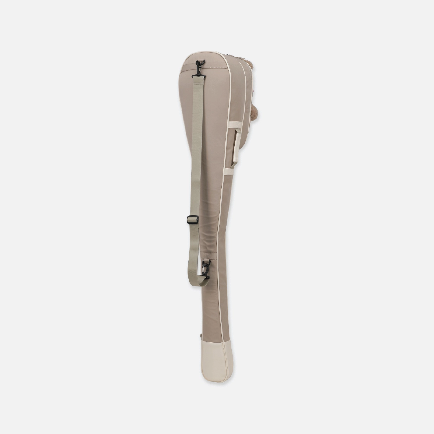 A beige and off-white padded instrument case, shown vertically against a light gray background.