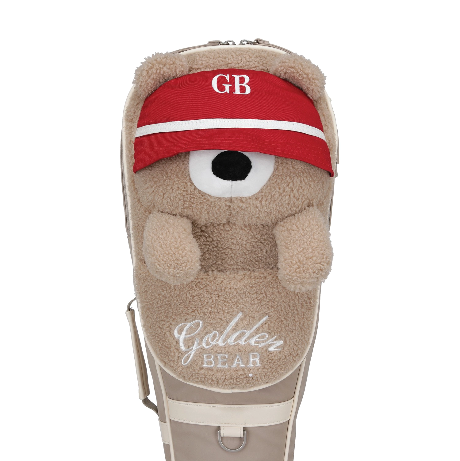 A plush golf club headcover shaped like a bear, featuring a beige teddy bear face with a red visor, white embroidered 'GB' on the visor, and 'Golden BEAR' embroidered on the front.