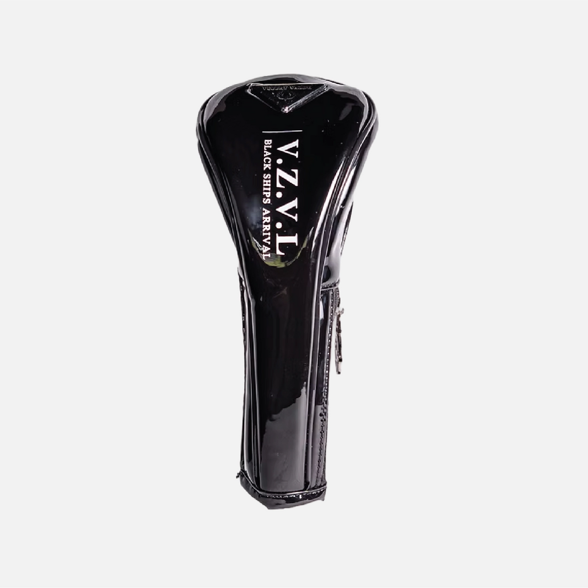 A glossy black V.Z.V.L. golf club headcover sleeve with white branding text, shown vertically against a light gray background.
