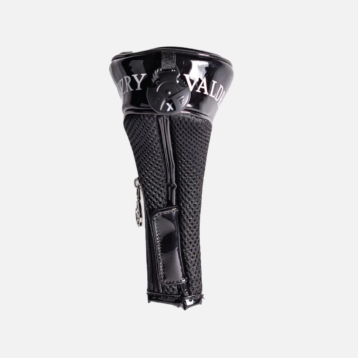A black golf club headcover with a glossy patent leather top, white 'VUZZY VALDR' lettering, and a black mesh body with a front zipper.