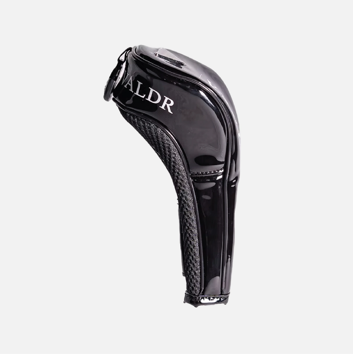 A black golf club headcover with a glossy finish and textured grip, featuring the brand name 'VALDR' printed in white on the side, set against a plain light gray background.