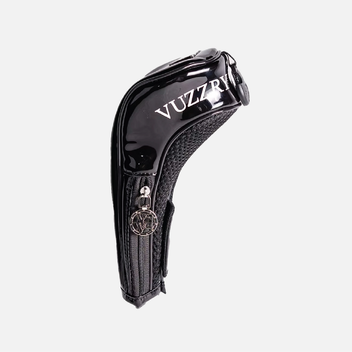 A black Vuzzry Valdr golf club headcover with a glossy patent leather finish, featuring a front zipper with a silver-tone logo charm and white Vuzzri branding on the side, set against a plain light gray background.