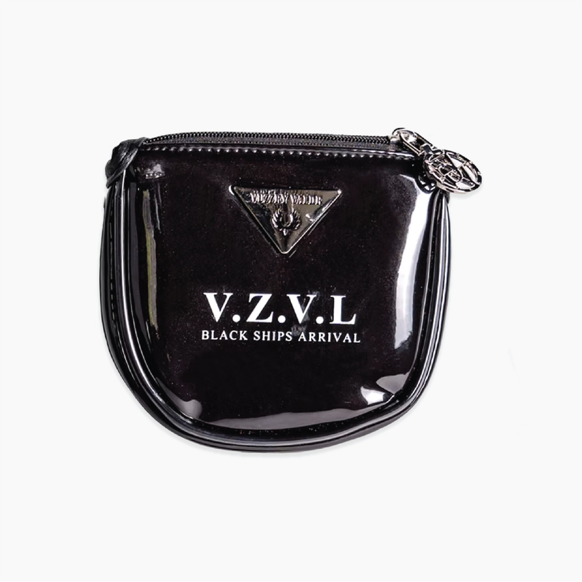 A glossy black patent leather coin pouch with silver hardware, featuring the text 'V.Z.V.L'.