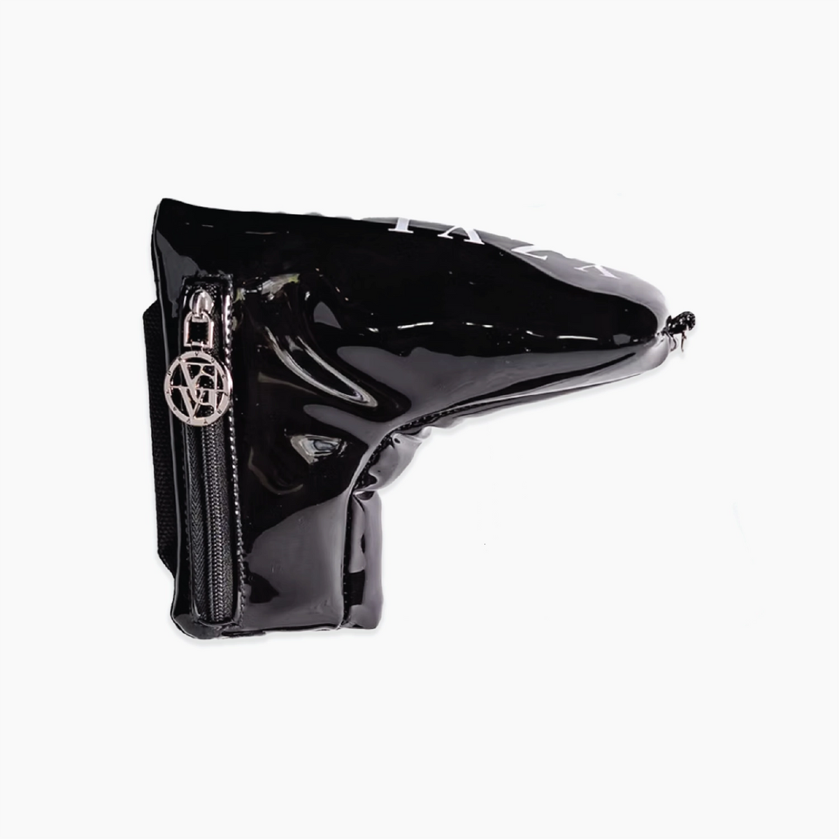 A glossy black patent leather golf club headcover with a side zipper and a silver-toned metal lock on the zipper pull, shown against a plain white background.