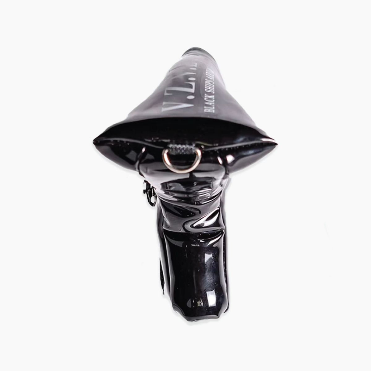 A glossy black novelty pouch shaped like a penis, featuring a small gold-tone ring detail on the top and white text on the side, set against a plain white background.