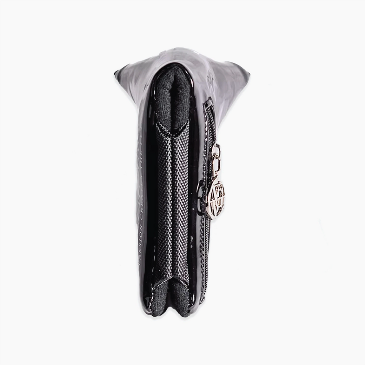 A black and gray textured clutch wallet with a silver-tone metal zipper and a decorative interlocking charm, shown from a top-down view on a white background.